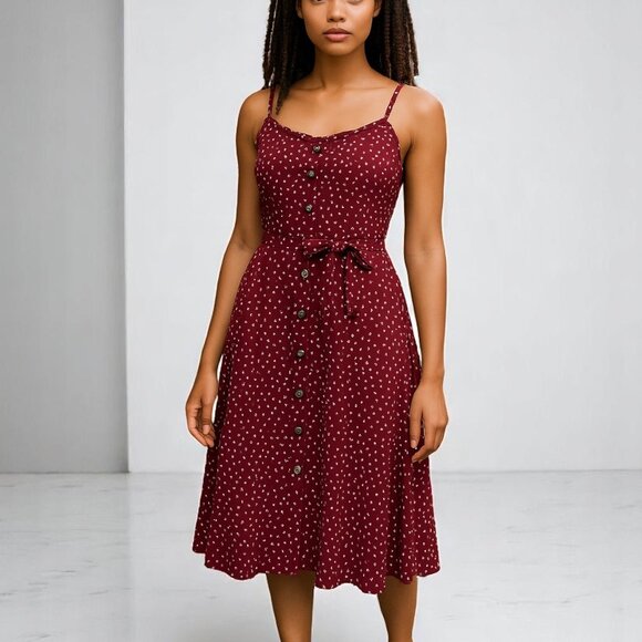 Women Floral Burgundy Ruffled Neckline Sundress - Picture 8 of 9